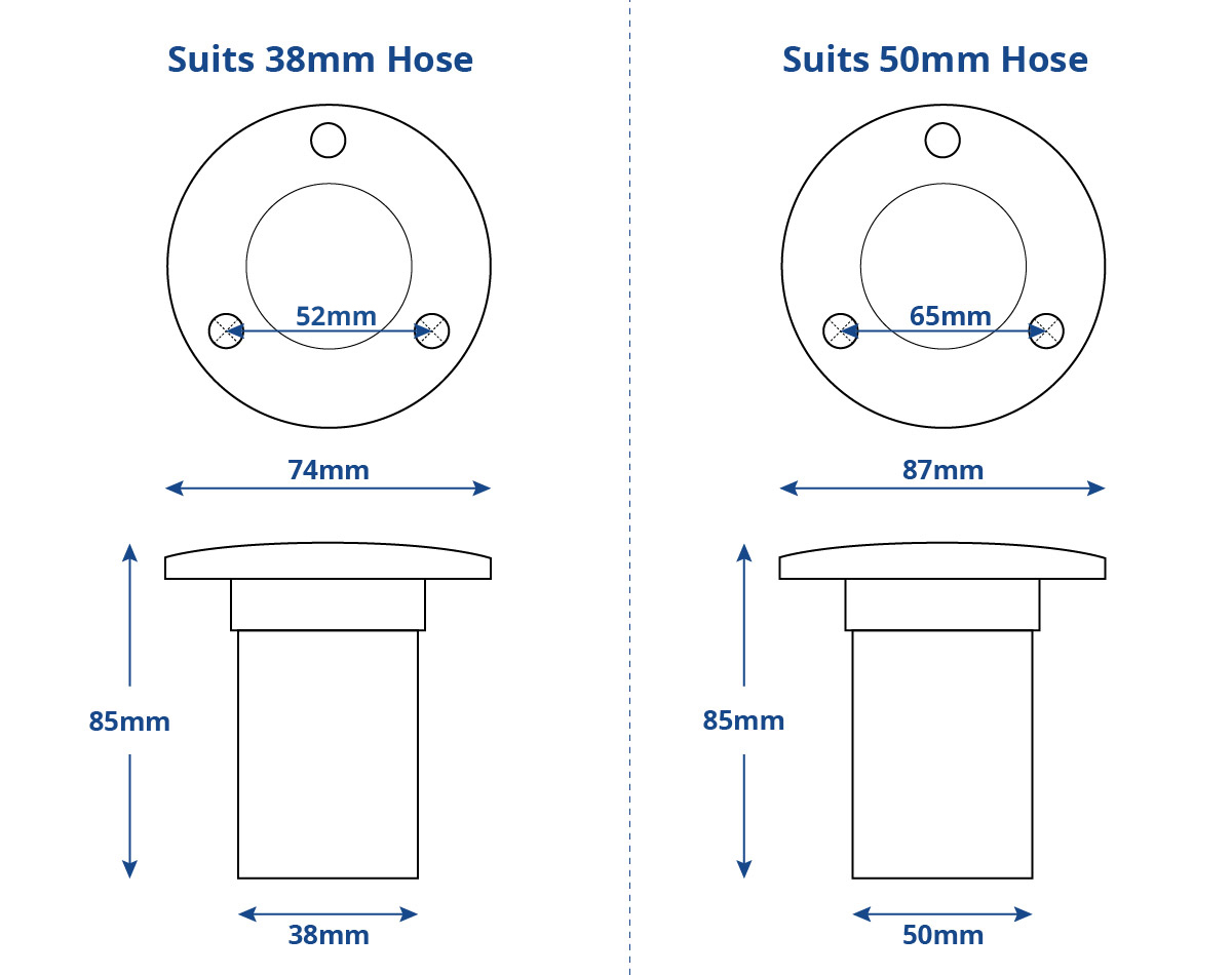 Dimensions (suits 38mm or 50mm hose)