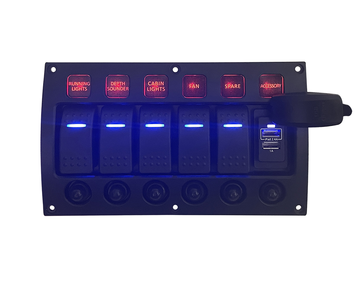Blue LED rocker switches & red back illuminated labels