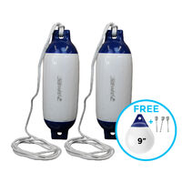Boat Fender R40 White/Blue with Lanyard 685x215mm 2 Pack + FREE Buoy