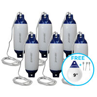 Boat Fender R20 White/Blue with Lanyard 507x140mm 6 Pack + FREE Buoy