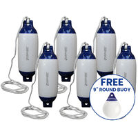 Boat Fender R30 White/Blue with Lanyard 585x165mm 6 Pack + FREE Buoy